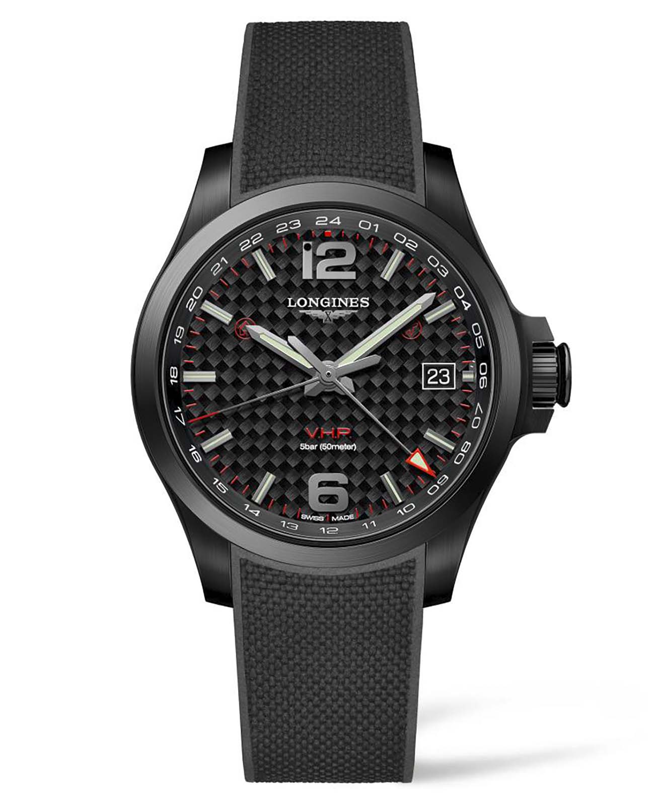 Longines Longines Conquest V.H.P. L3.718.2.66.9  L37182669 кварцевые мужские часы черный циферблат, браслет каучук — вид спереди